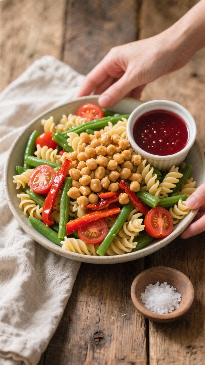 Overhead ingredient-to-bowl transition for a Vegan Niçoise Pasta Salad: rotini piled with bright green beans, halved cherry tomatoes, vibrant strips of roasted red peppers, and a mound of glistening chickpeas ready to toss; small ramekin of red wine vinaigrette and a pinch bowl of sea salt on the side; rustic wooden table, eco-friendly vibe, warm natural light, crisp styling to highlight plant-based abundance and contrasting colors.