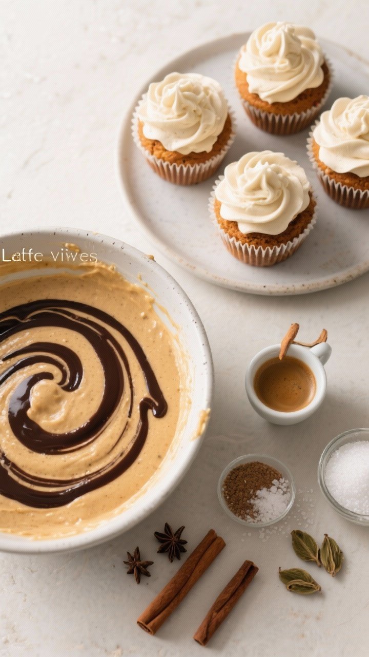 Overhead ingredient-to-final progression for Latte Vibes: a flat lay showing pumpkin cupcake batter swirled with dark espresso ribbons in a mixing bowl, next to baked cupcakes with an espresso swirl visible at the top and crowned with airy “cloud” frosting. Include cinnamon and optional cardamom pods, fine sea salt, baking powder/soda, and granulated sugar arranged neatly. A small espresso cup and cinnamon stick accent the latte mood. Neutral backdrop, soft morning light, clean, modern styling.