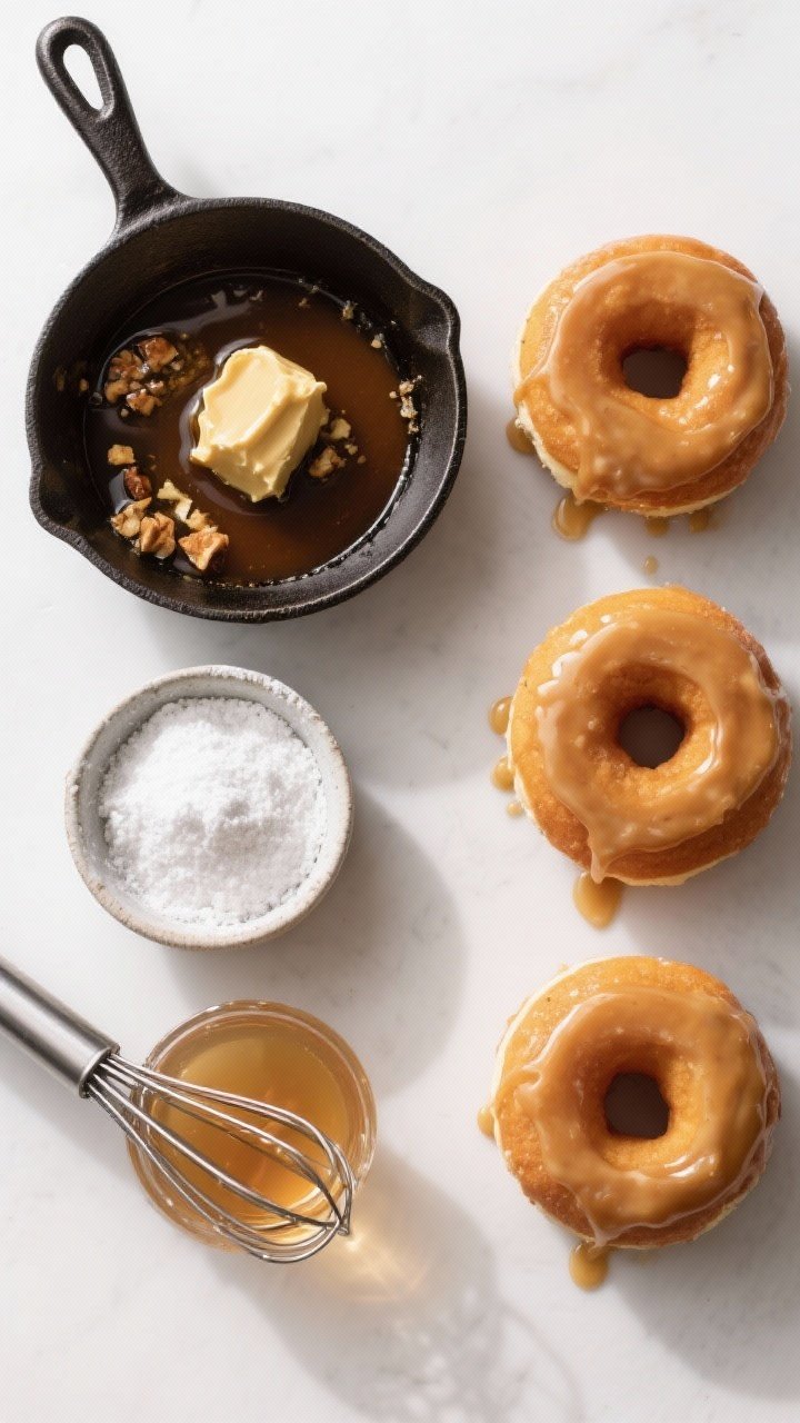 Overhead ingredients-to-finish sequence for Brown Butter–Glazed Apple Cider Donuts: left side shows a small skillet of browned butter with toasted milk solids, a bowl of powdered sugar, a splash of apple cider, and a whisk; right side shows finished donuts neatly glazed, the glaze dripping and catching light. Emphasize nutty brown tones of the butter, glossy glaze sheen, and golden donuts; clean slate background, professional styling, no people, appetizing and gourmet mood.