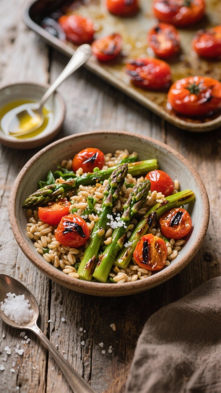 Overhead rustic bowl of smoky asparagus, farro, and roasted tomato power salad: chewy pearled farro as the base, blistered cherry tomatoes bursting and glossy from olive oil, grilled asparagus cut into bite-size segments with smoky edges; seasoned with kosher salt and black pepper, a sheen of divided olive oil; served in an earthenware bowl on a weathered wood table, a small dish of flaky salt, a spoon glistening with tomato juices, and a sheet pan of just-roasted tomatoes in the background hinting at the cooking process.