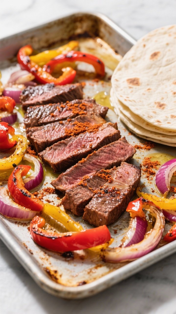 Overhead sheet pan ingredient-and-cook shot: thinly sliced sirloin or flank steak across the grain, roasted alongside ribbons of red and yellow bell pepper and red onion tossed in olive oil, chili powder, and ground cumin on a well-used metal sheet pan. Edges caramelized, slight char on peppers and onions, with warmed tortillas stacked to the side. Minimalist styling, bright color pop from peppers, clean shadows, inviting weeknight vibe emphasizing roasted textures and spice-dusted surfaces.