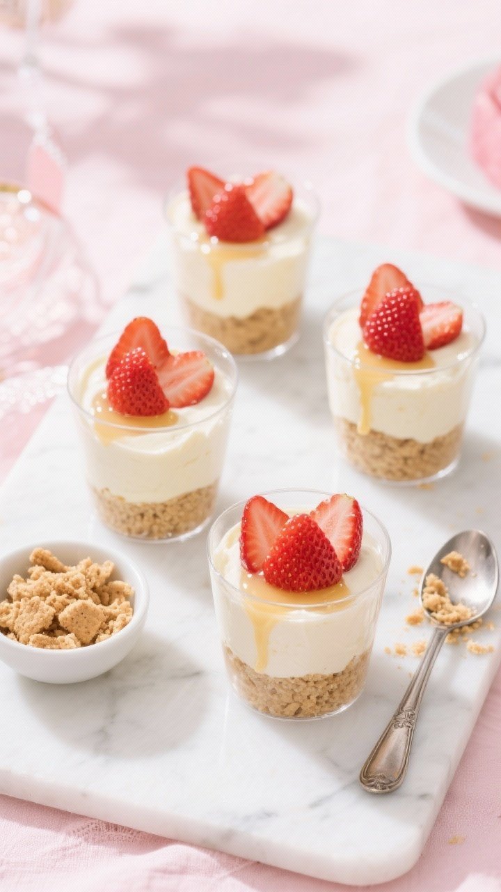 Overhead shot: Classic no-bake strawberry cheesecake cups in clear glass tumblers, layered with a sandy base of crushed graham crackers mixed with melted unsalted butter and a hint of granulated sugar, topped with ultra-smooth cream cheese and instant cheesecake pudding filling, finished with glossy fresh strawberry slices and a light strawberry syrup drizzle. Styled on a white marble surface with a small bowl of crushed graham crackers, a silver spoon dusted with crumbs, and a soft pink linen for a festive party vibe. Bright, clean lighting to emphasize creamy texture and crumbly contrast.