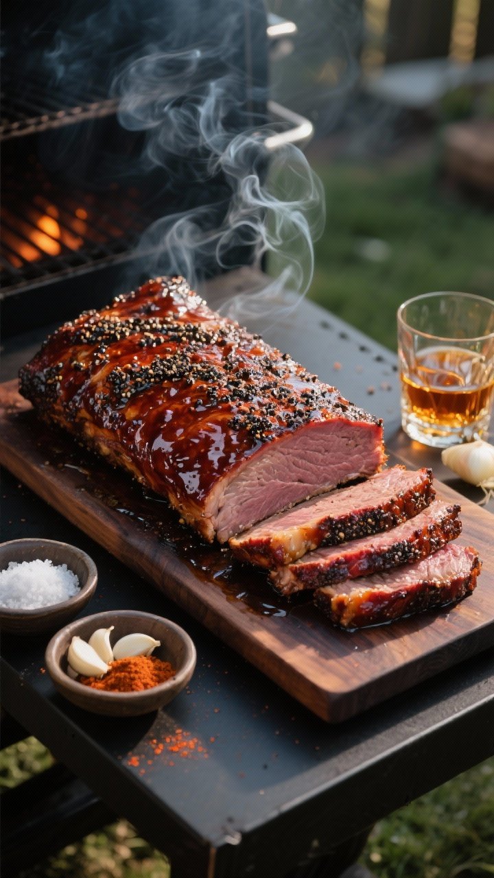 Overhead shot of a backyard smoker scene featuring a whole packer-cut beef brisket (10–12 lb) with a glistening sticky smokehouse glaze. The bark is mahogany with visible coarse black pepper and smoked paprika flecks over a 1/4-inch fat cap, sliced to reveal a juicy smoke ring. Small bowls of kosher salt, garlic powder, and onion powder sit nearby, along with a glass of bourbon used in the glaze. Set on a dark wood board beside the smoker, wisps of smoke in frame, sunlight highlights the glossy glaze, no people, professional moody BBQ styling.