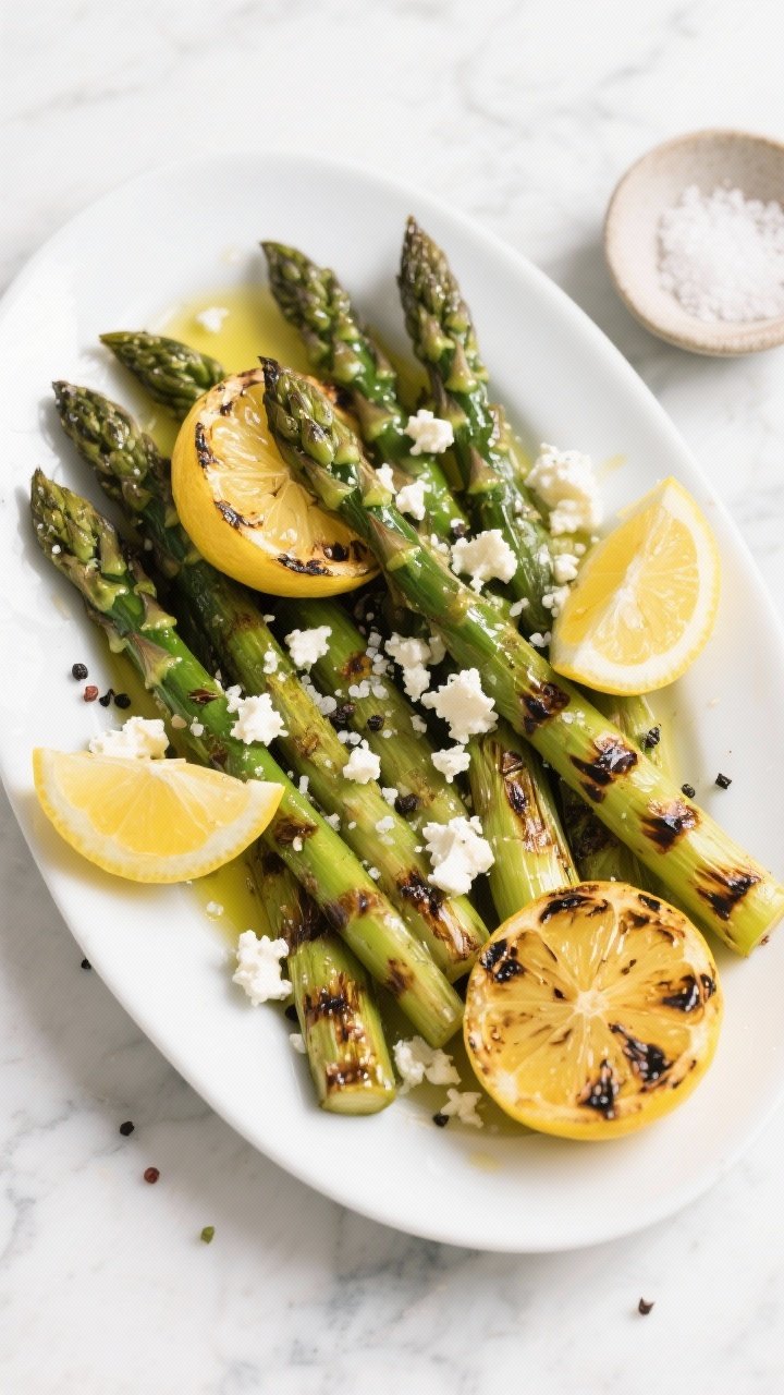 Overhead shot of a charred lemon grilled asparagus salad on a wide white platter: thick spears of asparagus with defined grill marks, glossed in extra-virgin olive oil, sprinkled with kosher salt and freshly ground black pepper; halved lemons deeply charred and squeezed over, lemon wedges scattered; crumbled feta providing a salty crunch; flakes of black pepper and a final olive oil drizzle catching light; set on a light marble surface with a small pinch bowl of salt and a cut lemon half nearby, bright, zesty mood.