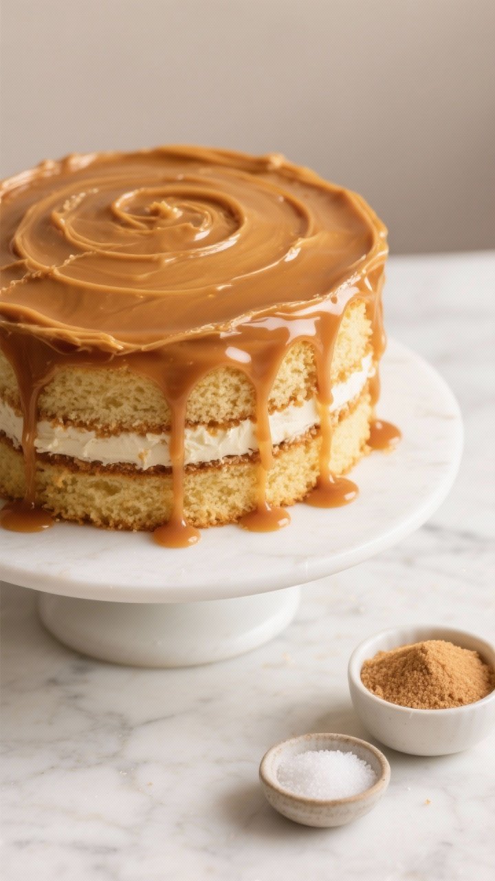 Overhead shot of a classic caramel layer cake on a white cake stand: golden vanilla sponge layers made from all-purpose flour, granulated sugar, light brown sugar, baking powder, baking soda, and fine salt, filled and generously frosted with glossy amber caramel buttercream, slow caramel drip along the sides, crumb coat texture peeking through; styled on a light marble surface with a small bowl of granulated sugar, a ramekin of packed light brown sugar, and a pinch bowl of fine salt nearby; warm, soft daylight, minimal props, high detail of silky caramel sheen and tender crumb.