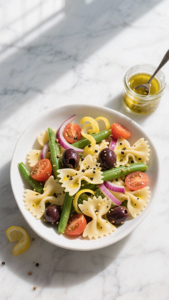 Overhead shot of a Classic Niçoise Pasta Salad in a wide white ceramic bowl: farfalle tossed with crisp-tender halved green beans, halved cherry tomatoes, thinly sliced red onion, and glossy Niçoise or Kalamata olives, all lightly coated in a tangy lemon-Dijon vinaigrette with visible flecks of black pepper and mustard seeds; lemon zest curls and a small jar of vinaigrette with a spoon on the side; clean marble background, bright natural window light, high contrast to emphasize fresh colors and textures.
