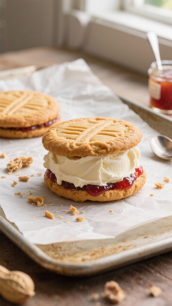 Overhead shot of a freshly assembled Classic PB & J ice cream sandwich on a parchment-lined baking sheet: two golden, crisscross-fork-marked peanut butter cookies (made with creamy peanut butter, butter, granulated sugar, light brown sugar, egg, all-purpose flour) sandwiching a thick layer of vanilla ice cream with a visible ripple of glossy strawberry jam peeking out the sides; crumbs and a small jar of jam with a spoon nearby; soft natural window light, minimal props, warm nostalgic summer-camp mood.