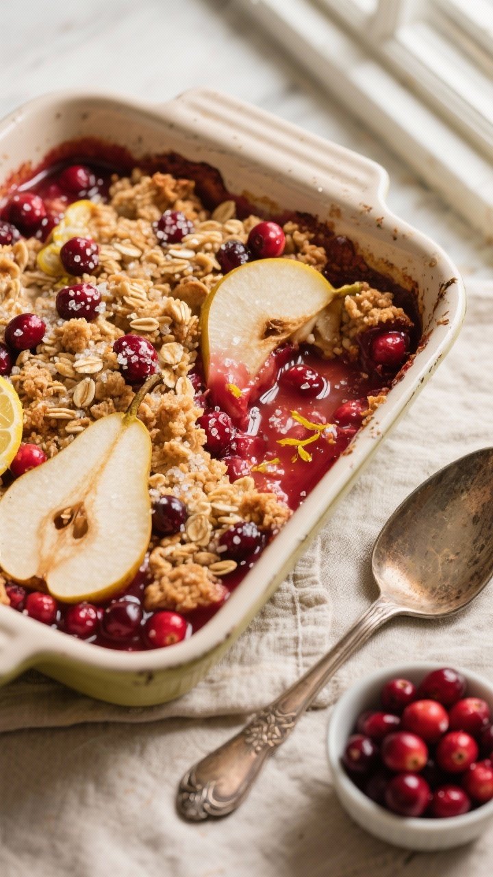 Overhead shot of a warm, Classic Cranberry Pear Crisp just out of the oven in a rustic enamel baking dish: thick slices of peeled pears and whole cranberries bubbling beneath a golden, cinnamon-scented oat crumble; visible glossy crimson cranberry juices thickened with cornstarch, hints of lemon zest and a squeeze of lemon juice; sprinkled with a light dusting of sugar crystals; styled on a neutral linen with a vintage pie server and a small bowl of fresh cranberries on the side, cozy autumn mood, soft window light.