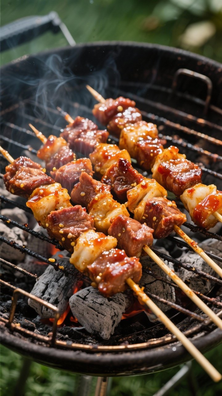 Overhead shot of classic backyard sweet and sour pork skewers sizzling on a charcoal grill: