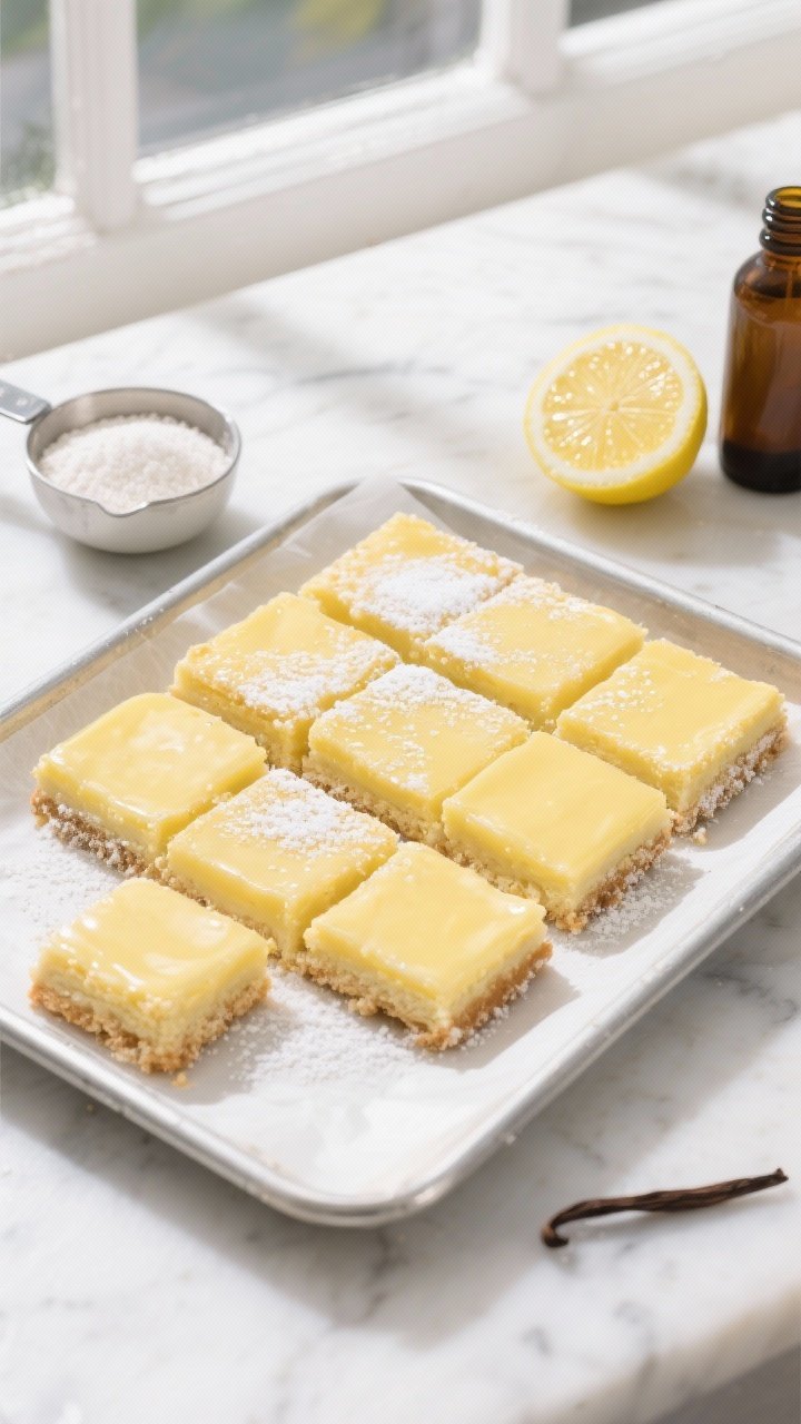 Overhead shot of classic bakery-style lemon bars cooling on a parchment-lined metal tray: pale golden shortbread base made from melted unsalted butter, granulated sugar, vanilla extract, fine sea salt, and all-purpose flour; vibrant lemon custard top dusted with a whisper of powdered sugar, sharp clean squares with glossy lemon sheen at the edges; include a small bowl of granulated sugar, a halved lemon, a vanilla bottle, and a measuring cup of flour in frame; bright natural window light, white marble surface, crisp shadows, minimal props for a bake-sale vibe.