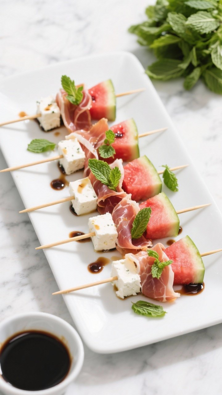 Overhead shot of Classic Balsamic Bliss With Mint skewers neatly lined on a white rectangular platter: alternating 1-inch cubes of seedless watermelon and 1-inch block feta with thin ribbons of prosciutto folded between, garnished with fresh mint leaves. A glossy balsamic reduction drizzled lightly across the skewers, extra mint scattered on a cool marble surface. Bright, clean daylight, crisp highlights on juicy watermelon and crumbly feta, minimal props (small bowl of balsamic, pile of mint), no people.