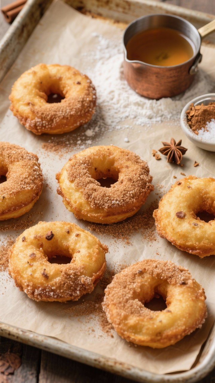 Overhead shot of Classic Orchard-Style Apple Cider Donuts just fried and tossed in cinnamon-sugar: golden, craggy donuts with visible nutmeg specks, arranged on a parchment-lined rustic sheet pan. Include a small saucepan of reduced apple cider (2 cups simmered down), a dusting of all-purpose flour on the surface, open jars of ground cinnamon and grated nutmeg, and a tiny pinch bowl of kosher salt. Warm fall mood with soft morning light, minimal props, focus on texture of the sugar crust and airy crumb; no people.