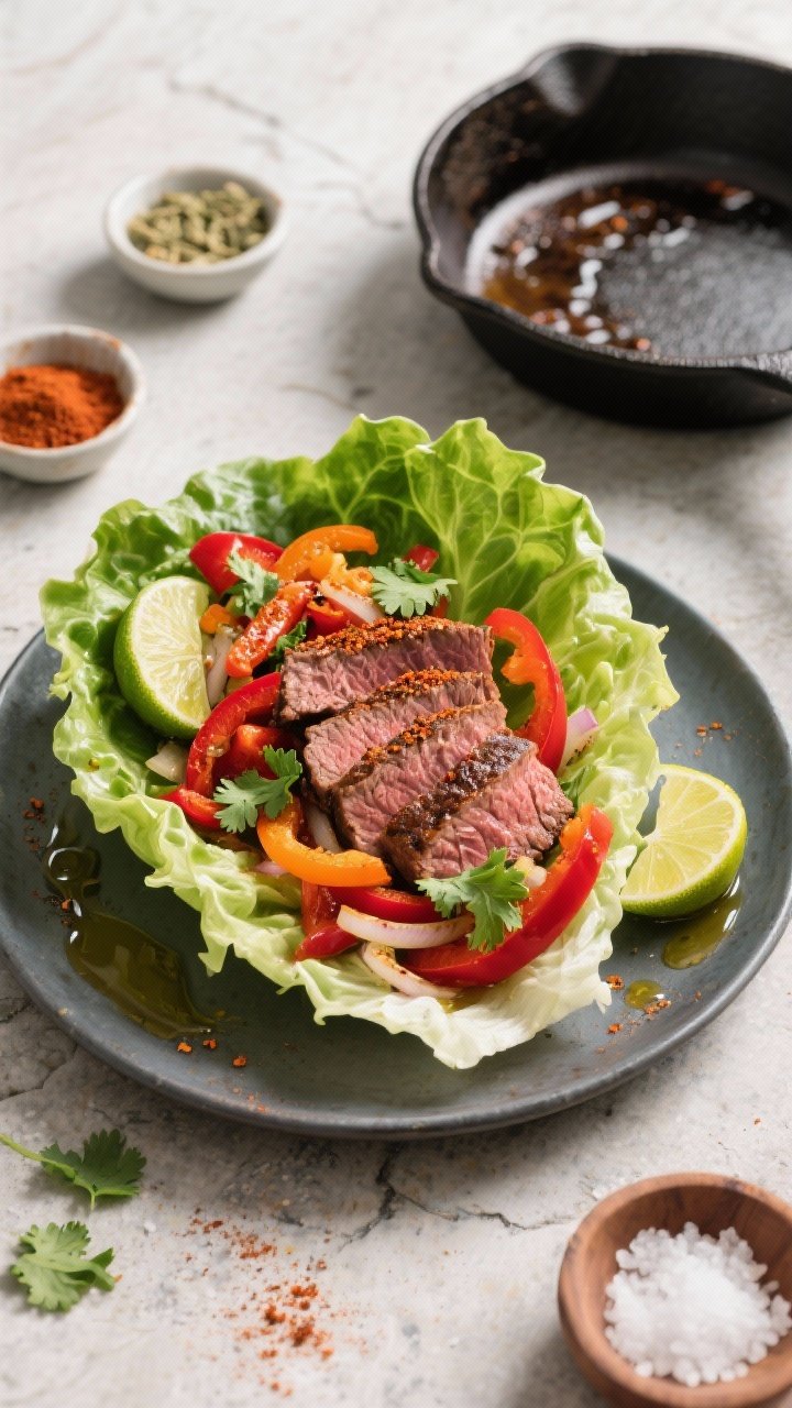 Overhead shot of Classic Skillet Steak Fajita Lettuce Cups: seared flank or skirt steak sliced against the grain, nestled in crisp butter lettuce leaves, topped with sautéed red and orange bell peppers and onions. Visible spice rub of chili powder, smoked paprika, cumin, garlic powder, onion powder, and dried oregano clinging to the steak, with a glossy sheen from olive oil. Garnish with fresh cilantro and lime wedges for a bright lime-cilantro pop; charred cast-iron skillet off to the side with fond, small pinch bowls of spices, and a little bowl of flaky salt. Clean, bright daylight on a neutral stone surface, vivid reds, greens, and warm browns.