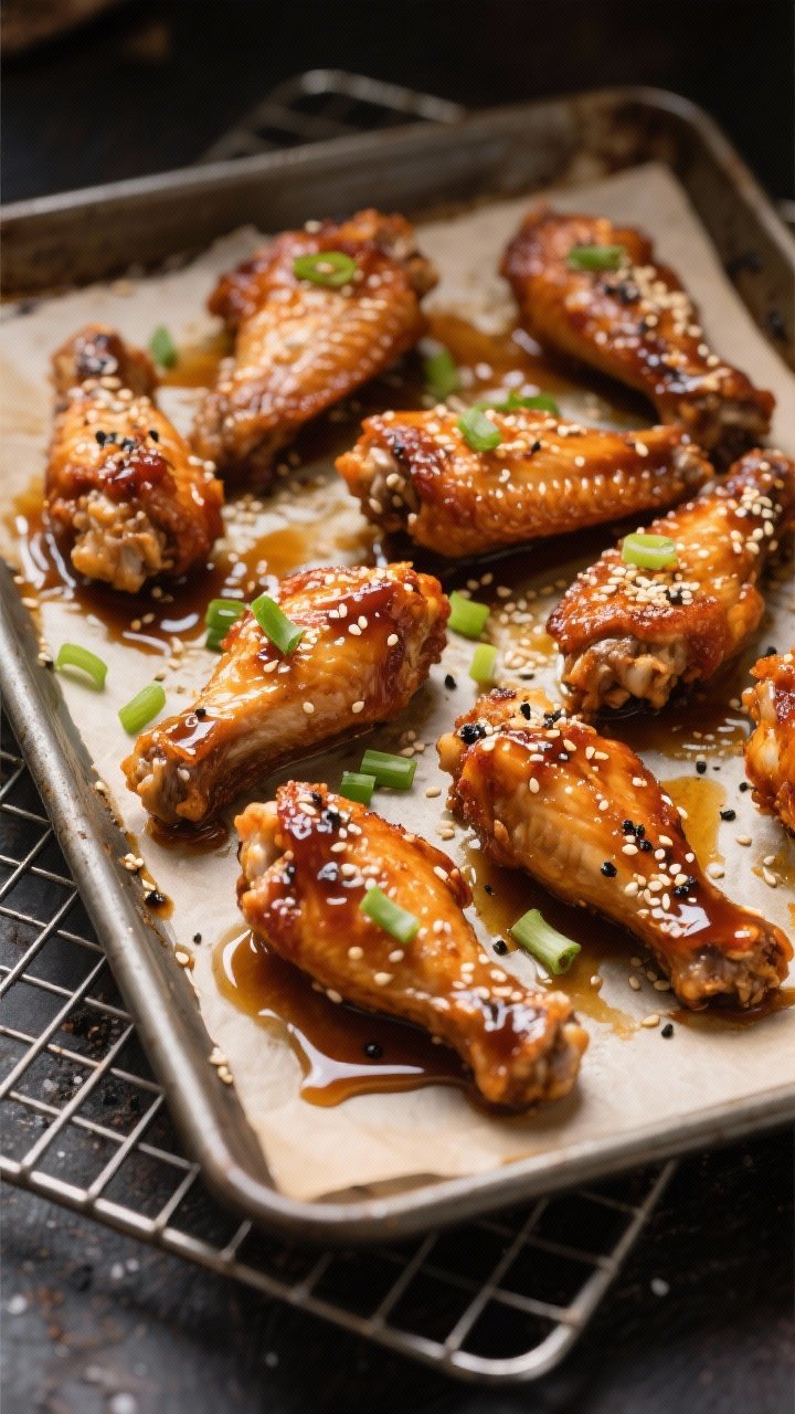 Overhead shot of sheet-pan honey teriyaki wings just out of the oven: shatter-crisp skin on flats and drumettes dusted with aluminum-free baking powder, seasoned with kosher salt and black pepper, lightly glossed with neutral oil, brushed with a glossy honey-teriyaki glaze pooling on the parchment-lined rimmed sheet pan; garnished with sesame seeds and thinly sliced scallions; warm, moody lighting to highlight blistered, crunchy texture and lacquered sheen, metal cooling rack set beside the pan for context.