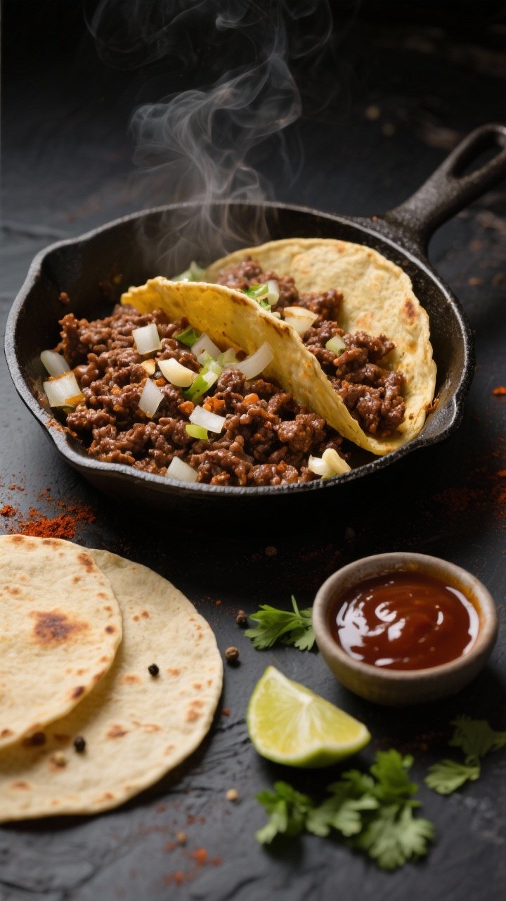 Overhead shot of smoky skillet barbecue beef tacos mid-week: a cast-iron skillet with browned 85% lean ground beef glistening in olive oil, flecked with finely diced onion and minced garlic, seasoned with smoked paprika, chili powder, ground cumin, and black pepper. Warmed corn tortillas nearby, a small bowl of glossy barbecue sauce for drizzling, scattered lime wedges and chopped cilantro on a dark matte surface. Steam visible, moody lighting, tight composition emphasizing the saucy, smoky beef crumbles and onion translucence.