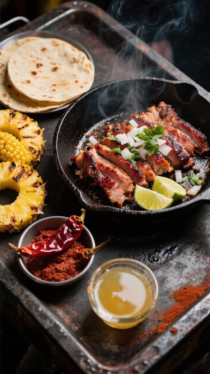 Overhead street-food scene: thinly sliced pork shoulder al pastor caramelizing on a cast-iron skillet with visible char, next to wedges of charred pineapple rings, warm corn tortillas, a small bowl of achiote paste, rehydrated guajillo and ancho chiles, and a glass ramekin of pineapple juice and white vinegar marinade; garnished with chopped white onion, cilantro, and lime wedges; rich reds and mahogany browns from the chiles and achiote, golden-yellow pineapple, styled on a dark griddle and rustic metal tray, moody lighting with a slight smoke haze, no people.
