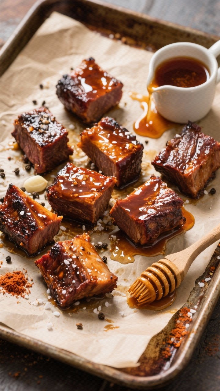 Overhead tray shot of maple-bourbon brisket burnt ends: bite-sized cubes from the point end (4–5 lb) lacquered in a sticky maple-bourbon glaze, edges caramelized and sizzling. Visible seasoning specks of kosher salt, coarse black pepper, paprika, garlic powder, and onion powder. A small pitcher of maple-bourbon sauce drips onto the tray; a brush with glaze residue lies to the side. Honeyed amber highlights on the glossy bark, set on a rustic sheet pan lined with butcher paper, rich, mouthwatering shine, no people.