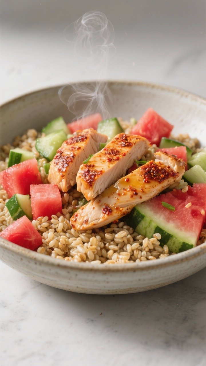 Plated grain bowl for Spicy-Sweet Cajun Chicken And Watermelon Grain Bowl, straight-on composition: tender 1-inch Cajun-spiced chicken breast pieces, seared with olive oil, arranged over a base of cooled quinoa or farro; generous cubes of watermelon and diced English cucumber folded in; subtle steam from chicken, grains fluffy and distinct; served in a wide stoneware bowl with a minimalist backdrop, balanced colors (scarlet watermelon, cool green cucumber, golden grains), crisp and inviting, professional studio lighting.