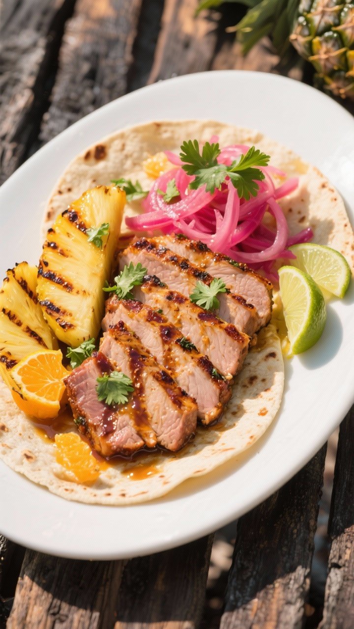 Plated grill-forward presentation at 45 degrees: mojo-marinated pork loin slices (olive oil, orange juice, lime juice, garlic, dried oregano, salt, pepper) with defined grill marks, fanned on warm corn tortillas; thick spears of grilled pineapple and a tangle of bright pink pickled red onions on top; fresh cilantro leaves and lime wedges scattered; glossy, citrusy sheen on the pork, clean white plate on a charred wood surface, sunlit outdoor vibe, vibrant tropical colors.
