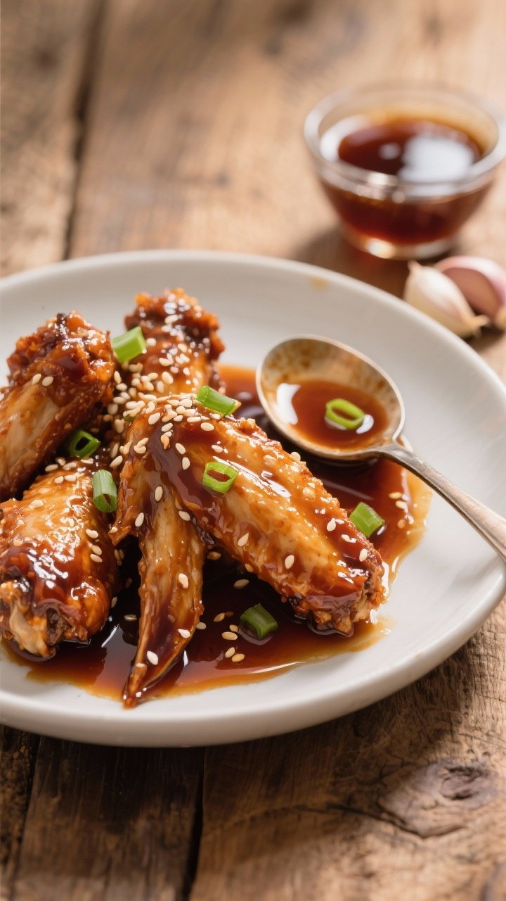Plated slow-cooker honey teriyaki wings with a sticky, deep amber glaze: fall-off-the-bone pieces nestled in a shallow white bowl, sauce made from low-sodium soy sauce, honey, mirin, rice vinegar, brown sugar, and minced garlic clinging to the meat; extra sauce spooned around for sheen; garnished with sesame seeds and finely sliced scallions; soft, cozy lighting and a rustic wood table to convey comfort; a small glass bowl showing the glossy sauce and a few raw garlic cloves off to the side for ingredient context.