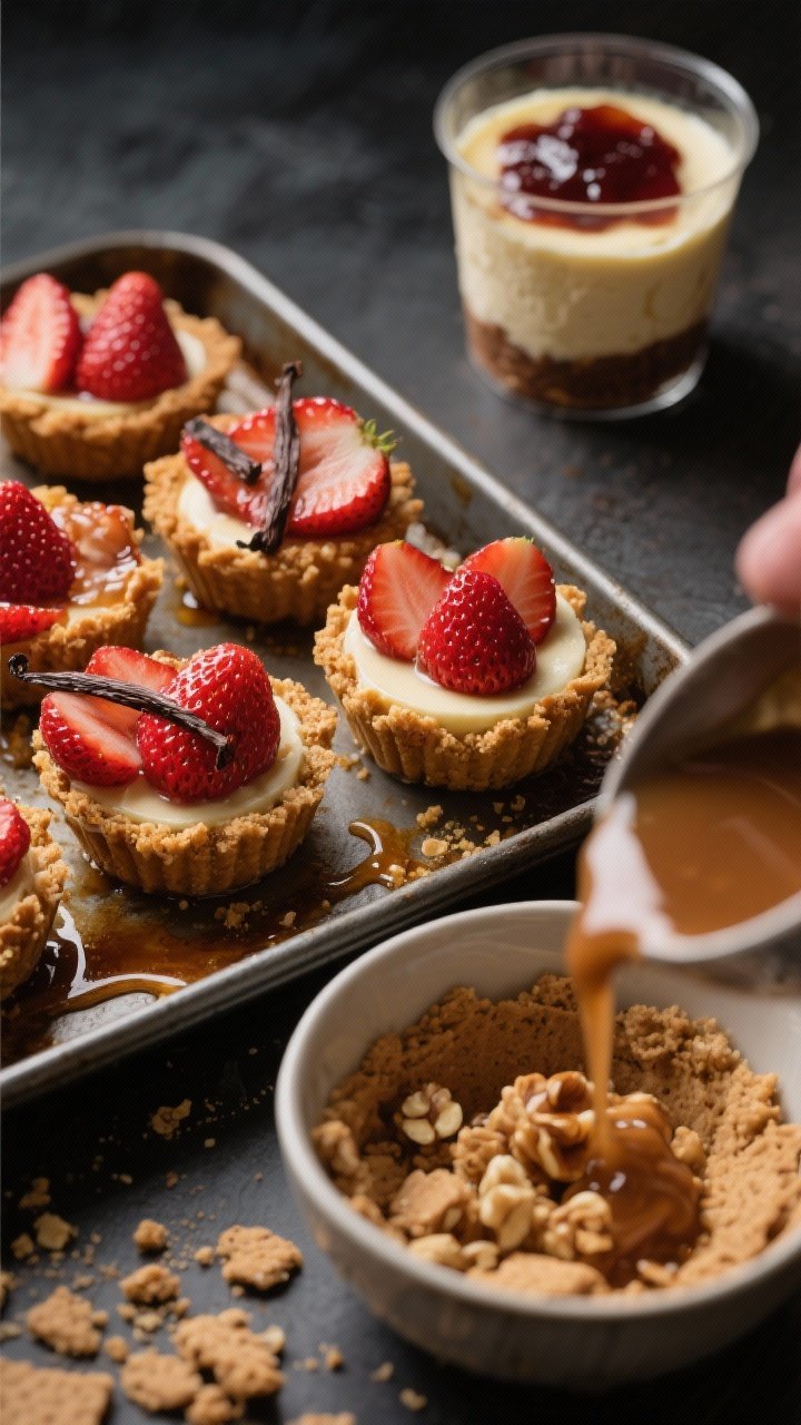 Process-driven 45-degree shot: Roasted strawberry cheesecake pudding cups mid-assembly. A rimmed sheet pan of halved strawberries glistening with sugar, vanilla paste, and a touch of balsamic vinegar, edges caramelized and syrupy. In the foreground, a bowl of nutty brown butter being poured into crushed digestive biscuits for a toasty, golden crunch base. In the background, a clear cup layered with the brown-butter digestive crust and creamy cheesecake pudding, crowned with jammy roasted strawberries and their ruby juices. Moody, directional light to highlight glossy roasted fruit and buttered crumb texture.