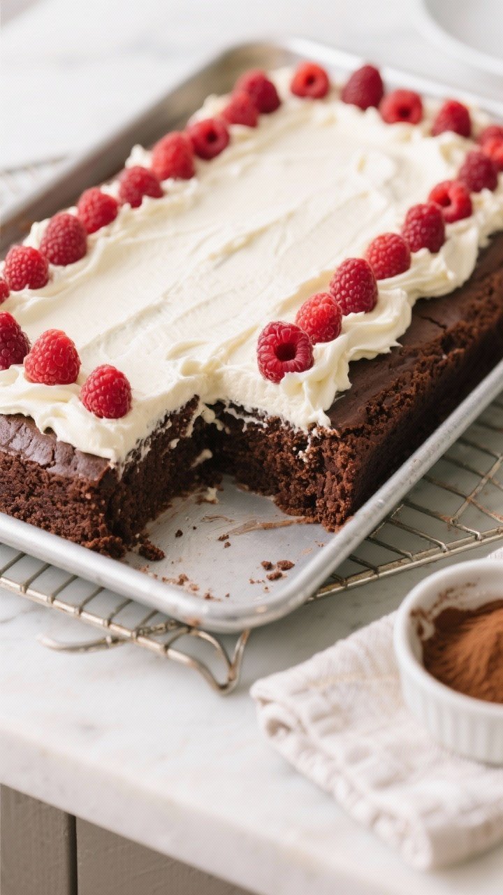 Straight-on, 45-degree wide shot of a Weeknight Raspberries N Cream Chocolate Sheet Cake For A Crowd baked in a metal tray: deep, even chocolate crumb made with Dutch-process cocoa, all-purpose flour, granulated sugar, baking soda, and baking powder; thick swoops of vanilla cream frosting spread to the edges, a generous scatter of fresh raspberries in neat rows; clean slice removed to show tender interior; cooling rack underneath, simple kitchen towel and a small dish of cocoa to the side; bright family-dinner vibe, even soft light for minimal shadows