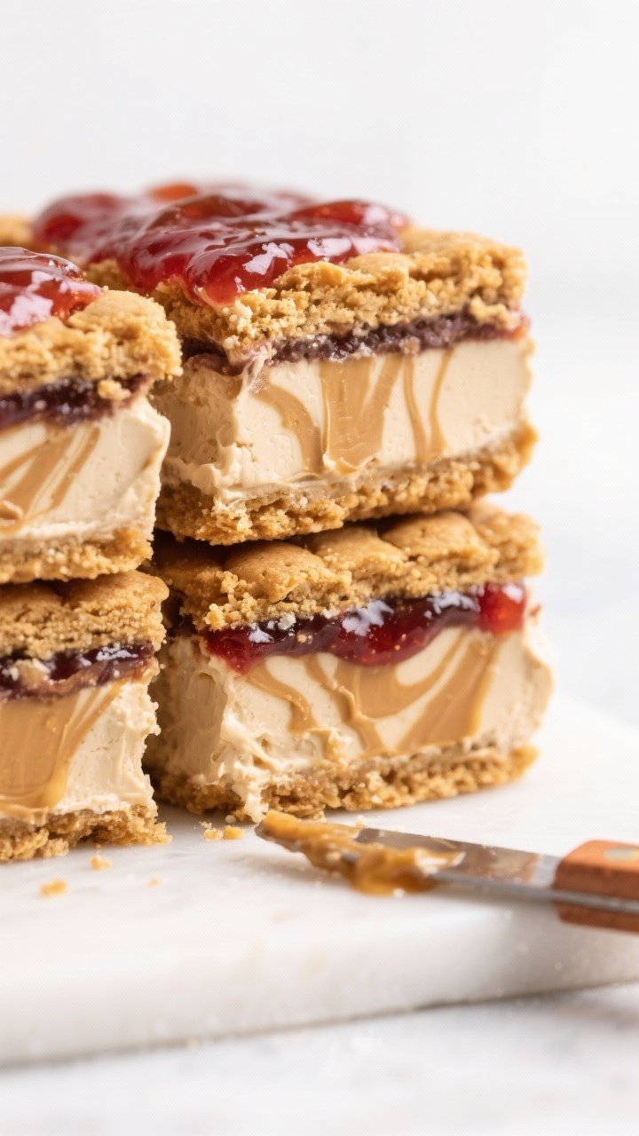Straight-on bar scene for No-Churn PB & J Ice Cream Sandwich Bars: neat slices showing distinct layers—golden graham cracker crumb crust (graham crumbs, melted unsalted butter, sugar, kosher salt), thick creamy no-churn peanut butter ice cream layer (sweetened condensed milk, creamy peanut butter), marbled ribbons of grape or strawberry jam on top; bars stacked slightly offset on a white slab with a warm knife bearing jam streaks; clean, bright studio light highlighting smooth, dense textures.