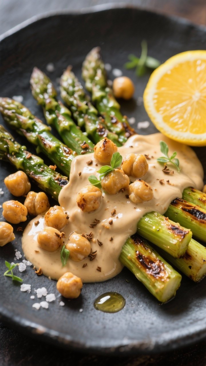 Straight-on close-up of citrus-tahini grilled asparagus with crispy chickpeas: a generous swoosh of creamy citrus-tahini sauce on a dark ceramic plate, grilled asparagus spears stacked with visible char; cumin-dusted chickpeas roasted to deep golden crispness scattered over and around; micro-drips of olive oil, a sprinkle of kosher salt, and warm cumin aroma implied; bright, tangy mood with a lemon slice out of frame casting a sunny highlight, crisp textures emphasized.