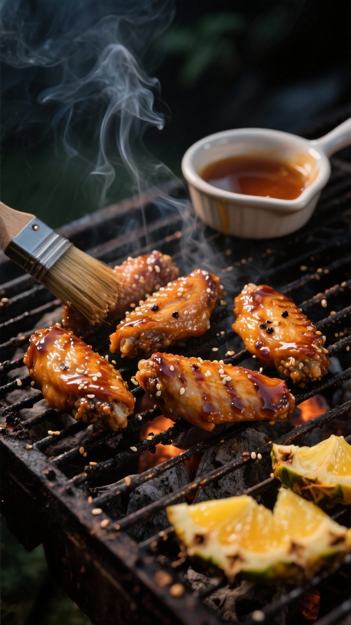 Straight-on grill-action shot of honey teriyaki wings over charcoal: wings brushed with a glaze of low-sodium soy sauce, honey, pineapple juice, and mirin, glistening with caramelized edges and defined grill marks; a basting brush and small enamel pan of glaze at the grill side; thin wisps of smoke, charred citrus wedges (pineapple) on the grate; dark, outdoor evening mood with directional light catching the sticky lacquer and smoky char, scattered sesame seeds and a few black pepper flecks.