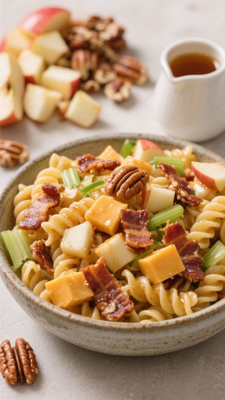 Straight-on hero shot of Maple-Bacon Cheddar Pasta Salad With Crunchy Apples And Pecans: gemelli coated in a glossy maple-kissed dressing, crumbled maple bacon, small cubes of sharp cheddar, diced Honeycrisp apple, finely sliced celery, and toasted pecans sprinkled on top. Present in a rustic ceramic serving bowl with a small pitcher of maple dressing and a pile of chopped apples and pecans in the background. Emphasize crunchy textures and sweet-savory balance, warm golden light, crisp highlights on apples and cheddar.