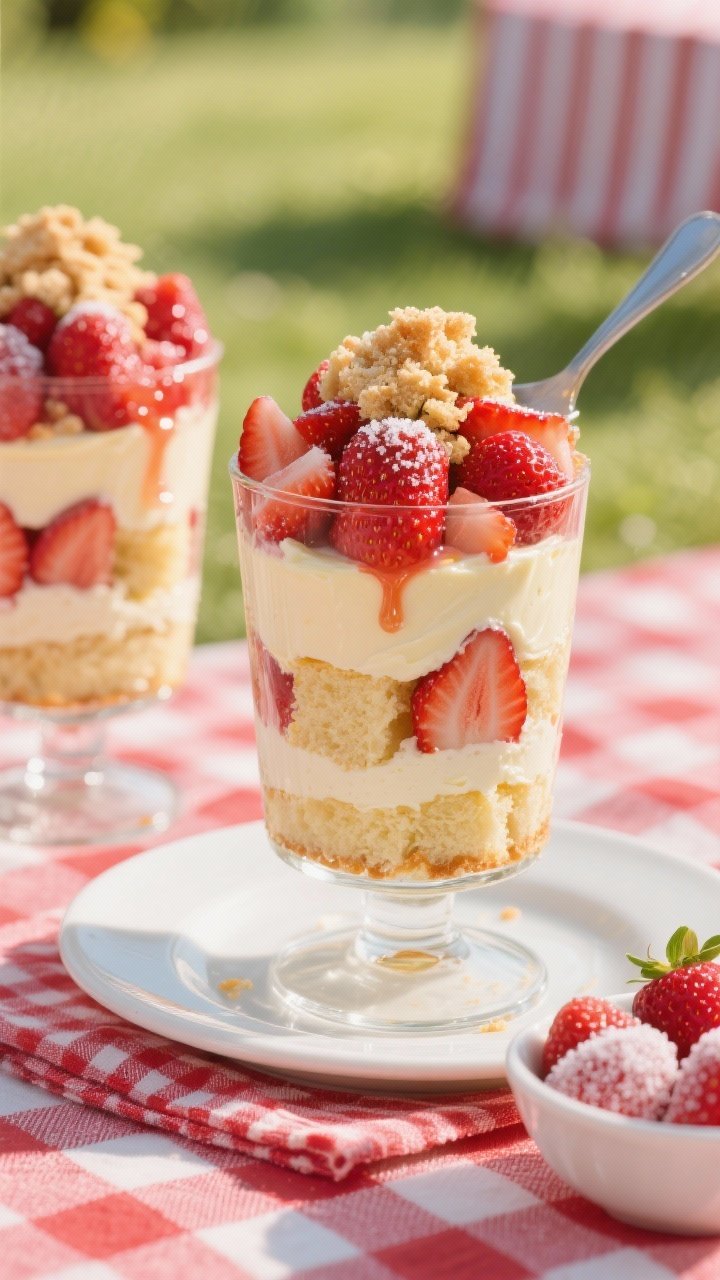 Straight-on plated dessert: Strawberry shortcake cheesecake cups that evoke summer fairs, built in tall parfait glasses with visible layers of buttery pound cake or angel food cake cubes lightly tossed in melted butter, a velvety cheesecake pudding-cream cheese layer, and heaps of macerated strawberries glistening with sugar and a hint of vanilla. Finish with extra cake crumbs on top and a generous spoonful of strawberry juices cascading down the sides. Set against a sunny picnic-style backdrop with a red-checked napkin and a bowl of sugared strawberries. Bright, high-key lighting for a joyful, nostalgic mood.
