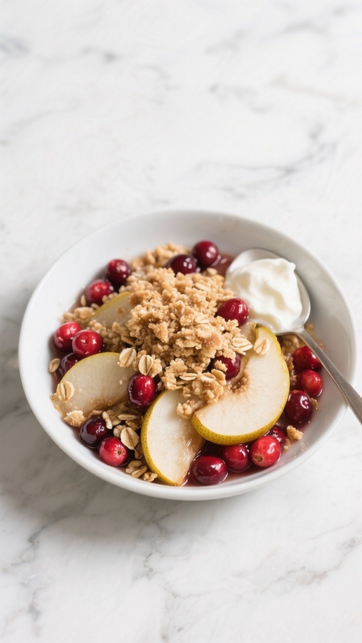 Straight-on plated presentation of a Gluten-Free Cranberry Pear Crisp that looks indulgent: a shallow white bowl filled with tender pear slices and cranberries sweetened with coconut sugar, thickened with arrowroot, kissed with lemon juice, vanilla, and a hint of cinnamon; a crunchy gluten-free oat-almond crumble on top; served with a small spoonful of dairy-free vanilla yogurt on the side; clean, bright styling with a minimal marble backdrop emphasizing vibrant cranberry reds and warm golden crumble.