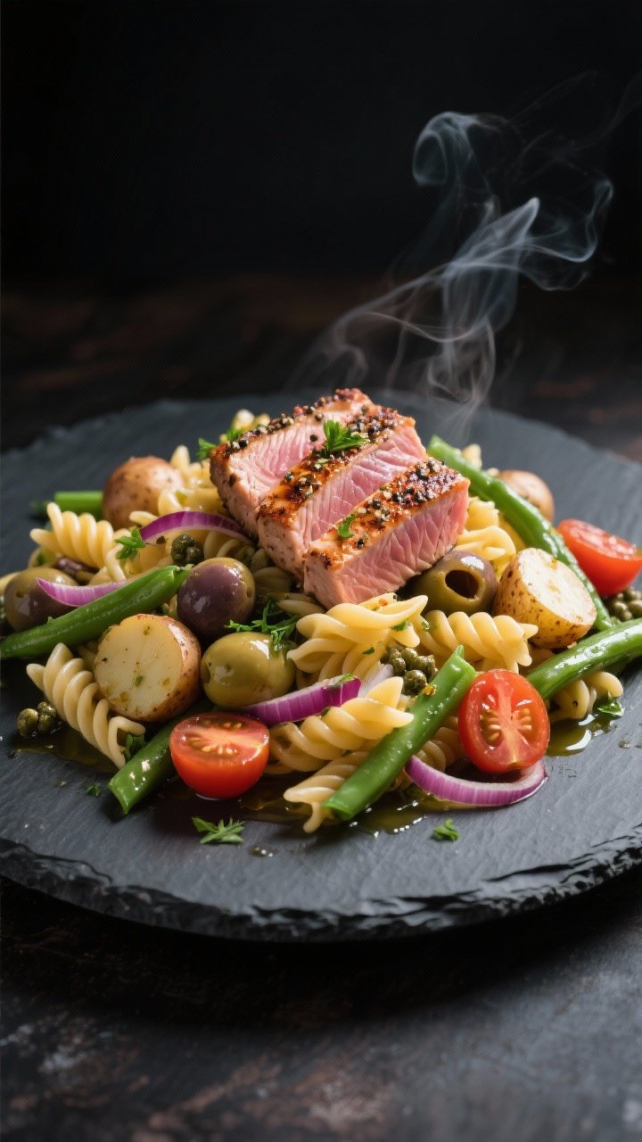 Straight-on plated presentation of a Warm Niçoise Pasta Salad with Seared Tuna Steaks: gemelli pasta mixed warm with halved small new potatoes, tender green beans, cherry tomato halves, Niçoise olives, briny capers, and slivers of red onion; topped with a perfectly seared tuna steak (rosy center, peppered crust) sliced and fanned over the pasta; a light sheen of olive oil and scattered parsley; set on a dark stone plate to contrast the colors, gentle rising steam visible, directional side light for drama.