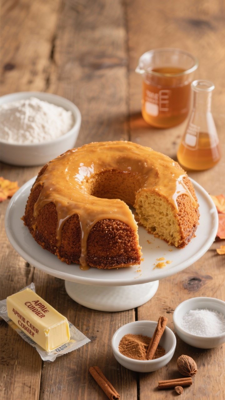 Straight-on plated presentation of an Apple Cider Donut Cake (one giant donut) on a pedestal: deep golden ring cake with a thick cinnamon-sugar crust and glossy apple-cider sheen. Surround with ingredients used: a stick of room-temp unsalted butter on wrapper, small bowls of all-purpose flour, baking powder, baking soda, kosher salt, ground cinnamon, nutmeg, and a beaker with 2 cups apple cider. Slice cut out to show moist interior; warm, cozy fall styling on a wooden table with minimal props.
