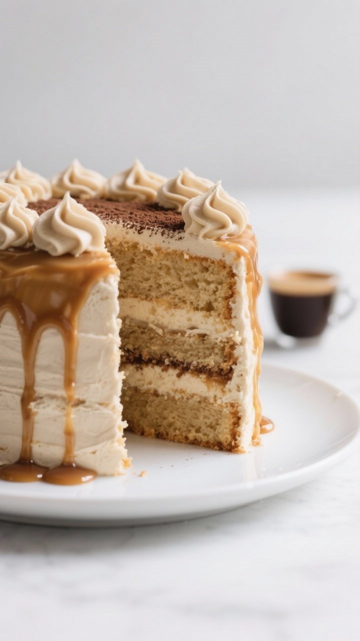 Straight-on, plated presentation of an espresso caramel layer cake: tall, elegant slices of light crumb cake made with cake flour, granulated sugar, baking powder, baking soda, fine salt, and butter, brushed with espresso syrup, layered with espresso-kissed caramel buttercream; thin caramel drip and delicate espresso dusting on top; served on a modern white plate with a small espresso cup in the background, clean studio lighting emphasizing fine crumb and creamy frosting swirls.