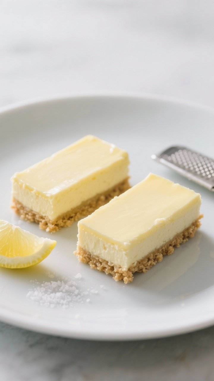 Straight-on plated presentation of creamy lemon cheesecake bars for people who “don’t like lemon”: ultra-smooth, pale yellow cheesecake layer with subtle lemon hue atop a neat crust of finely crushed shortbread (or graham) mixed with melted butter, granulated sugar, and fine sea salt; clean, sharp edges, silky top with a faint gloss; serve two bars slightly offset on a matte white plate with a thin lemon twist and a microplane nearby; soft diffused light, cool-toned backdrop, focus on velvety texture and gentle, not-too-tart mood.