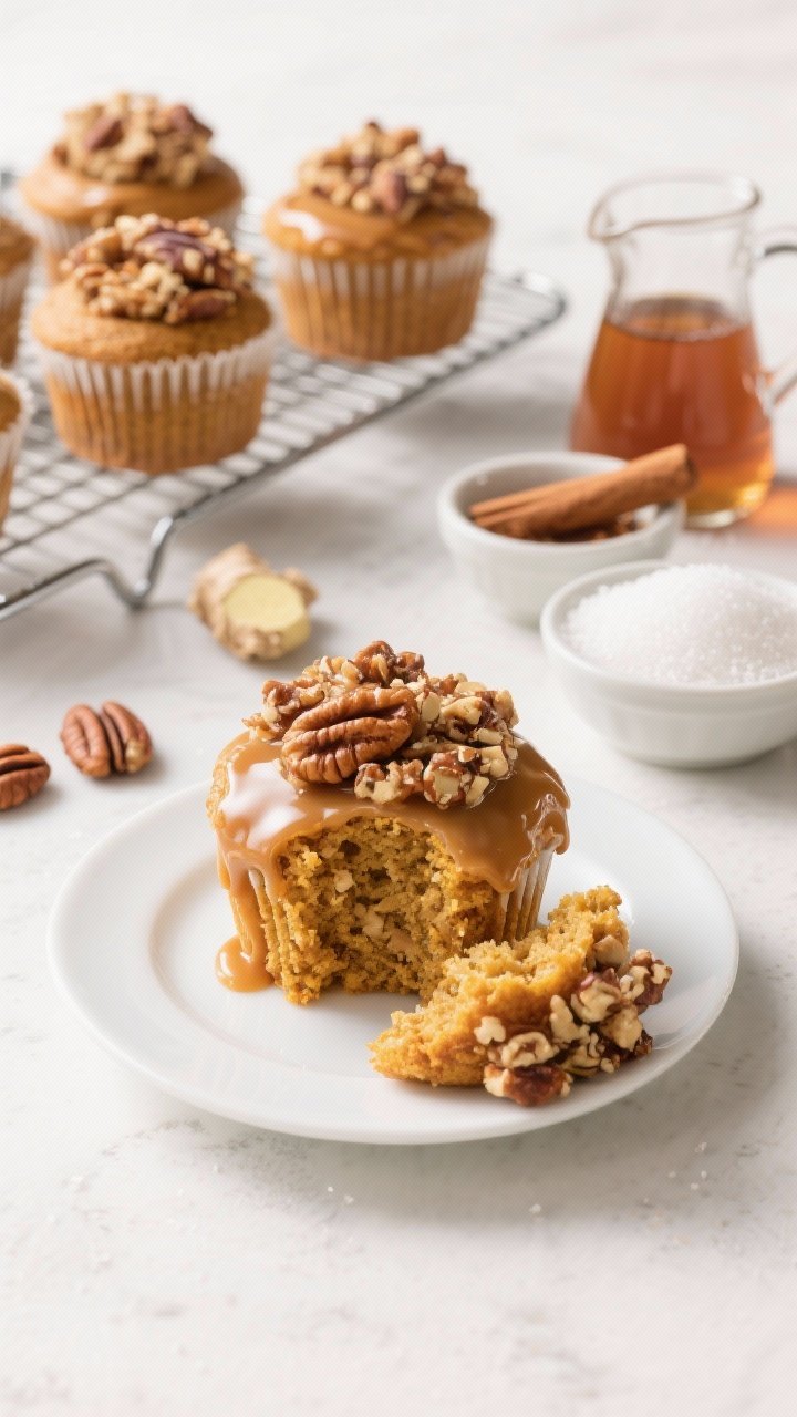 Straight-on plated presentation of Crunch Lovers’ Fix: pumpkin cupcakes crowned with a thick caramel pecan crunch topping, finished with a glossy maple glaze drip. One cupcake on a small white plate with a bite taken to show crunchy layer over tender crumb; others on a cooling rack behind. Visible ingredients styled to the side: pecan halves, maple syrup in a glass pitcher, cinnamon and ginger in small pinch bowls, and a mound of granulated sugar. Bright, crisp light to highlight textures and crunch.