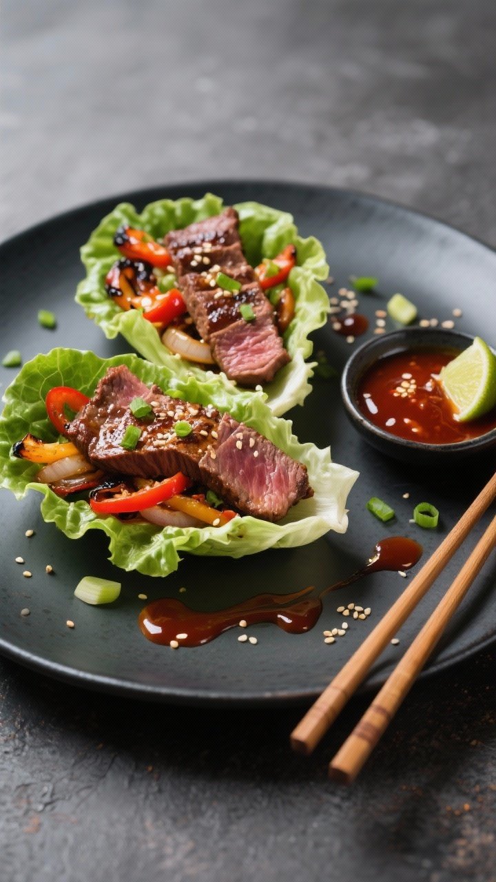 Straight-on plated presentation of Korean-Inspired Steak Fajita Lettuce Cups: thinly sliced sirloin or flap steak with a lacquered sear, seasoned with soy sauce (or tamari), sesame oil, brown sugar, garlic powder, ground ginger, and black pepper. Arranged in lettuce cups with lightly charred peppers and onions, drizzled with a glossy gochujang-lime sauce that pools slightly. Sesame seeds and scallions sprinkled over, a small dish of extra gochujang-lime drizzle nearby, chopsticks resting on the plate edge. Deep, rich tones with a subtle sheen; modern dark ceramic plate against a slate backdrop.