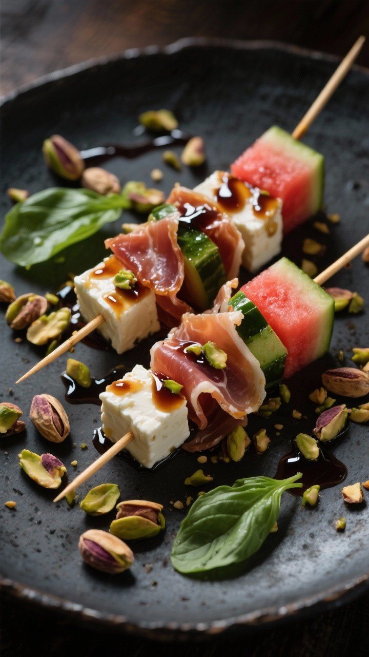 Straight-on plated presentation of Smoky Balsamic And Basil With Toasted Pistachios: skewers with 3/4–1-inch feta and 1-inch watermelon cubes layered with rippled prosciutto, finished with a shiny smoky balsamic glaze. Coarsely chopped roasted salted pistachios sprinkled over and around, fresh basil leaves tucked between pieces and scattered on the plate. Moody side lighting to accent gloss and crunch, dark ceramic platter for contrast, close framing to showcase pistachio texture and basil freshness.