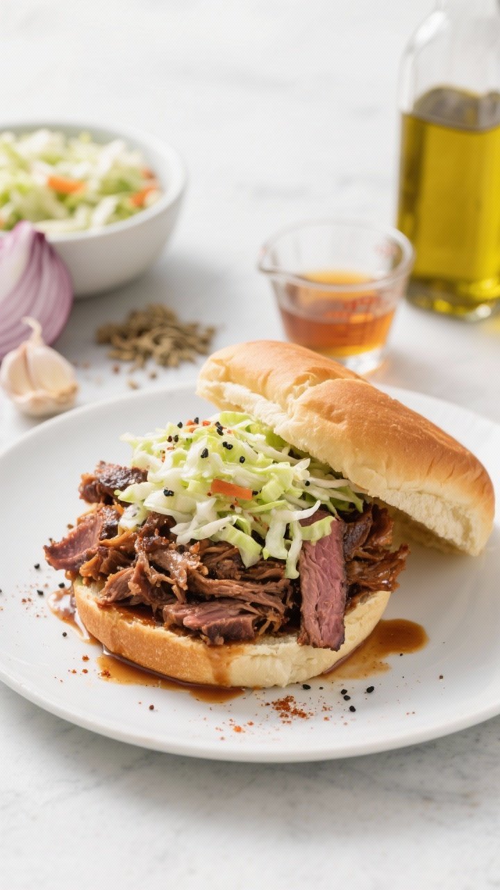 Straight-on plated presentation of weeknight shredded bourbon brisket sandwiches: soft toasted buns piled high with juicy pulled brisket (from a 3–4 lb flat) flecked with black pepper and smoked paprika, drizzled with pan juices. A bright, tangy slaw crowns the meat, with extra slaw in a bowl behind. Ingredients accents include a visible sliced onion, minced garlic, cumin, kosher salt, and a small glass measure of bourbon off to the side, plus a bottle of olive oil. Clean, modern styling on a light surface, vibrant contrast between rich brisket and crisp slaw.