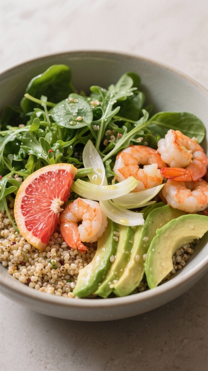 Straight-on power bowl of Grapefruit, Shrimp, And Quinoa: a deep bowl layered with a base of quinoa and a generous bed of mixed greens (arugula, baby spinach). Fan sliced avocado, tuck in ruby grapefruit segments, and nestle chilled poached shrimp. Add delicate shavings of fennel for anise crunch; a light citrus vinaigrette clings to leaves with micro-droplets visible. Neutral backdrop, soft side light to highlight plump shrimp and glossy citrus, minimal props—focus on fresh, protein-packed appeal, no people.