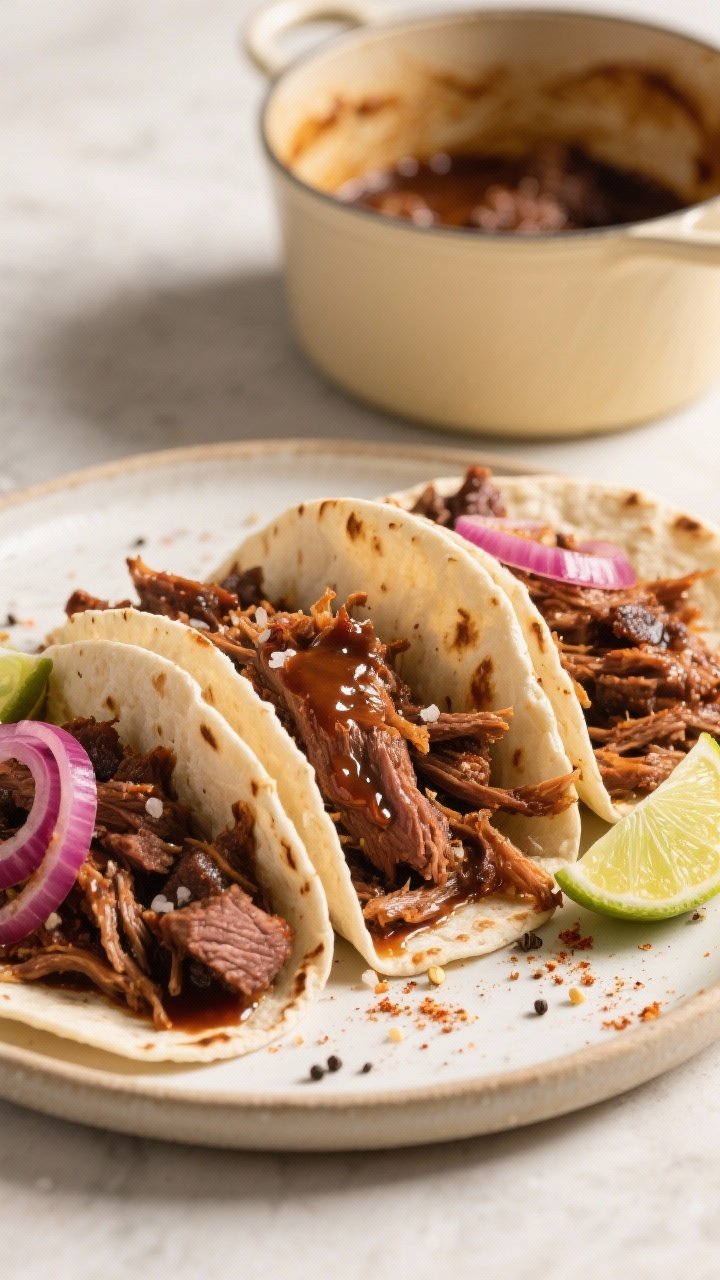 Straight-on, slow-cooked shredded barbecue beef tacos weekend scene: tender strands of beef chuck roast piled high in soft tortillas, lacquered with rich barbecue sauce. Visible spice rub remnants of kosher salt, black pepper, smoked paprika, garlic powder, onion powder, and ground cumin on the barky edges. A small Dutch oven with remaining shredded beef in the background, neutral oil sheen, warm golden light, minimal props—focus on juicy fibers and saucy gloss, with pickled red onion and lime wedges as restrained garnishes.
