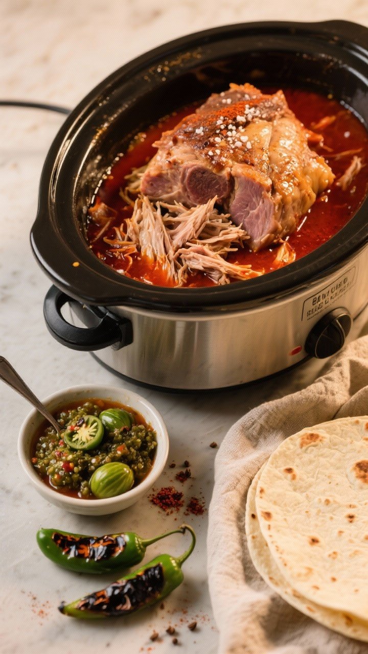 Straight-on slow-cooker reveal: tender chunks of boneless pork shoulder shredding inside a slow cooker, bathed in a brick-red broth seasoned with kosher salt, black pepper, chili powder, ground cumin, and smoked paprika; a small bowl of smoky salsa verde ready for spooning, with tomatillos and charred jalapeños arranged nearby; tortillas wrapped in a cloth to the side; warm, homey lighting emphasizing juicy strands of pork and glistening fat, minimal props.