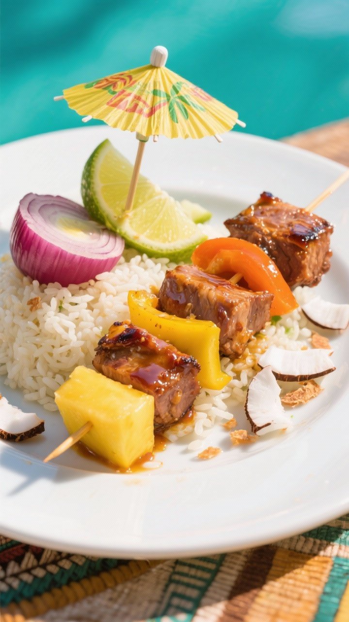 Tropical tiki bar presentation, straight-on plated final dish: sweet and sour pork shoulder skewers arranged over a mound of coconut-lime rice, with yellow bell pepper, 1/2 small red onion, pineapple chunks, and ripe but firm mango cubes on the skewers; glossy, tangy glaze catching the light; plate garnished with toasted coconut, lime wedges, and a small tiki-inspired umbrella prop; bright, sunlit tropical mood with teal backdrop; vibrant yellows and oranges pop against white ceramic, crisp focus on juicy fruit-pork contrast.