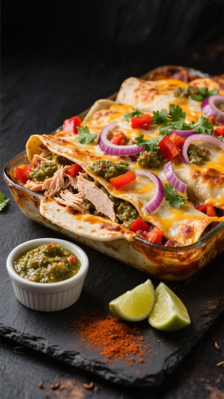 45-degree angle action shot of a Southwest Turkey Enchilada Bake just pulled from the oven: layered tortillas smothered in smoky salsa verde, studded with shredded leftover turkey, thinly sliced red onion, diced red bell pepper, and seasoned with cumin, chili powder, and a hint of smoky spice. Cheese is melted and lightly blistered, with cilantro sprinkled on top. Include a side ramekin of extra salsa verde, lime wedges, and a dusting of chili powder on a dark slate backdrop; vibrant, high-contrast lighting for bold Southwest colors.