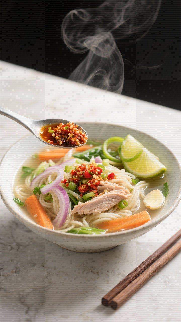 45-degree angle bowl shot of gingery turkey vegetable noodle soup with chili crunch. Clear low-sodium broth shimmering with thinly sliced onion, minced garlic and fresh ginger aromas, tender noodles, sliced vegetables (such as carrots and greens), and shredded turkey. A spoonful of chili crunch drizzled on top with a light chili oil halo, scallion rings, and a lime wedge on the side. Steam visible, clean ceramic bowl on a light stone surface, chopsticks resting nearby. Bright, fresh mood with crisp highlights.