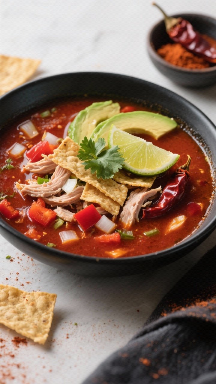 45-degree angle plated presentation: Smoky Chipotle Turkey Tortilla Soup in a matte black bowl, showcasing a deep red broth infused with chipotle peppers, ground cumin, and chili powder, with diced onion, red bell pepper, minced garlic, shredded turkey, and crispy tortilla strips on top. Garnish with avocado slices, a lime wedge, and a sprinkle of cilantro; background props include a small bowl of chipotle in adobo and chili powder for a bold, spicy mood.