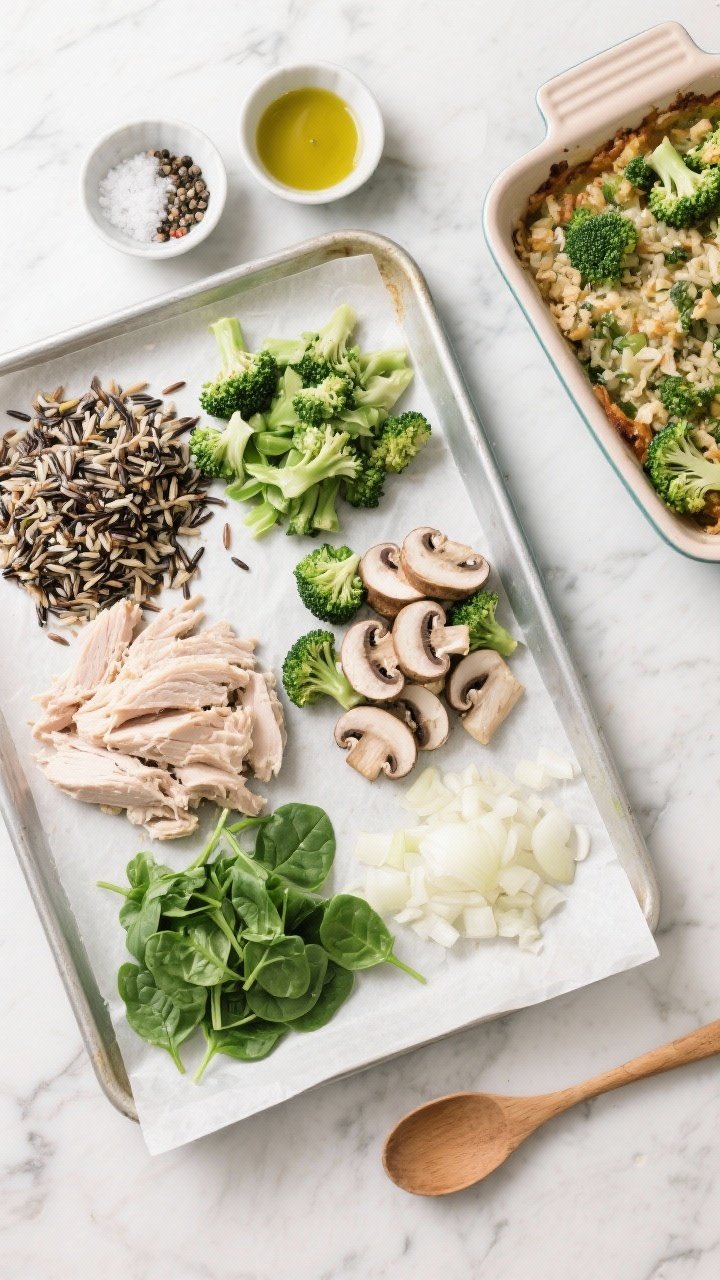 Bright overhead ingredient-prep flat lay for a veggie-loaded turkey, wild rice, and broccoli casserole: neat piles of cooked wild rice, chopped leftover turkey, small broccoli florets, sliced cremini mushrooms, roughly chopped baby spinach, and minced onion arranged on a parchment-lined sheet pan. Small bowls with salt, pepper, and olive oil, plus a wooden spoon and a ceramic baking dish waiting at the side. Clean, fresh, green-forward palette on a light marble surface, emphasizing wholesome textures and vibrant produce.