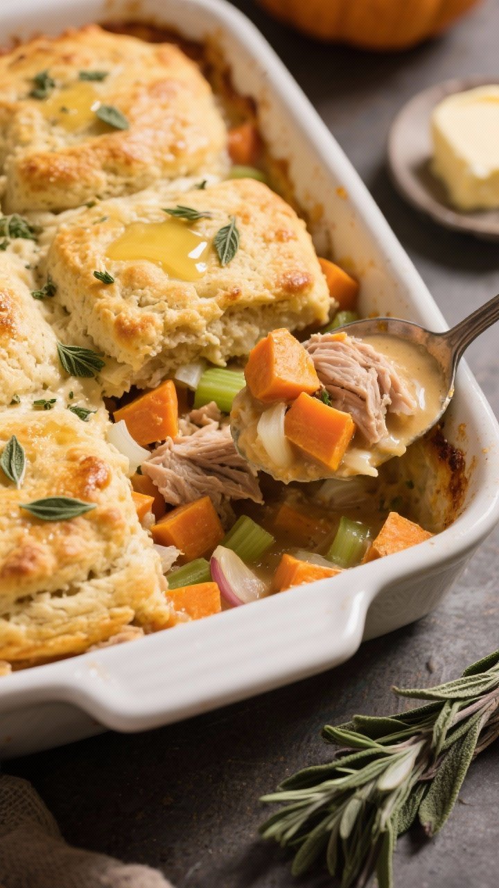 Close-up, casserole corner shot of a Cozy Turkey, Sweet Potato, and Sage Biscuit Bake: golden, craggy sage biscuits baked on top of a creamy filling of diced sweet potato, carrots, celery, onion, and minced garlic with tender turkey peeking through. The biscuit tops are brushed with butter and speckled with chopped fresh sage. A serving spoon lifts a portion to reveal the saucy interior; warm tungsten lighting, soft shadows, and seasonal props like a small bundle of sage and a pat of melting butter nearby.