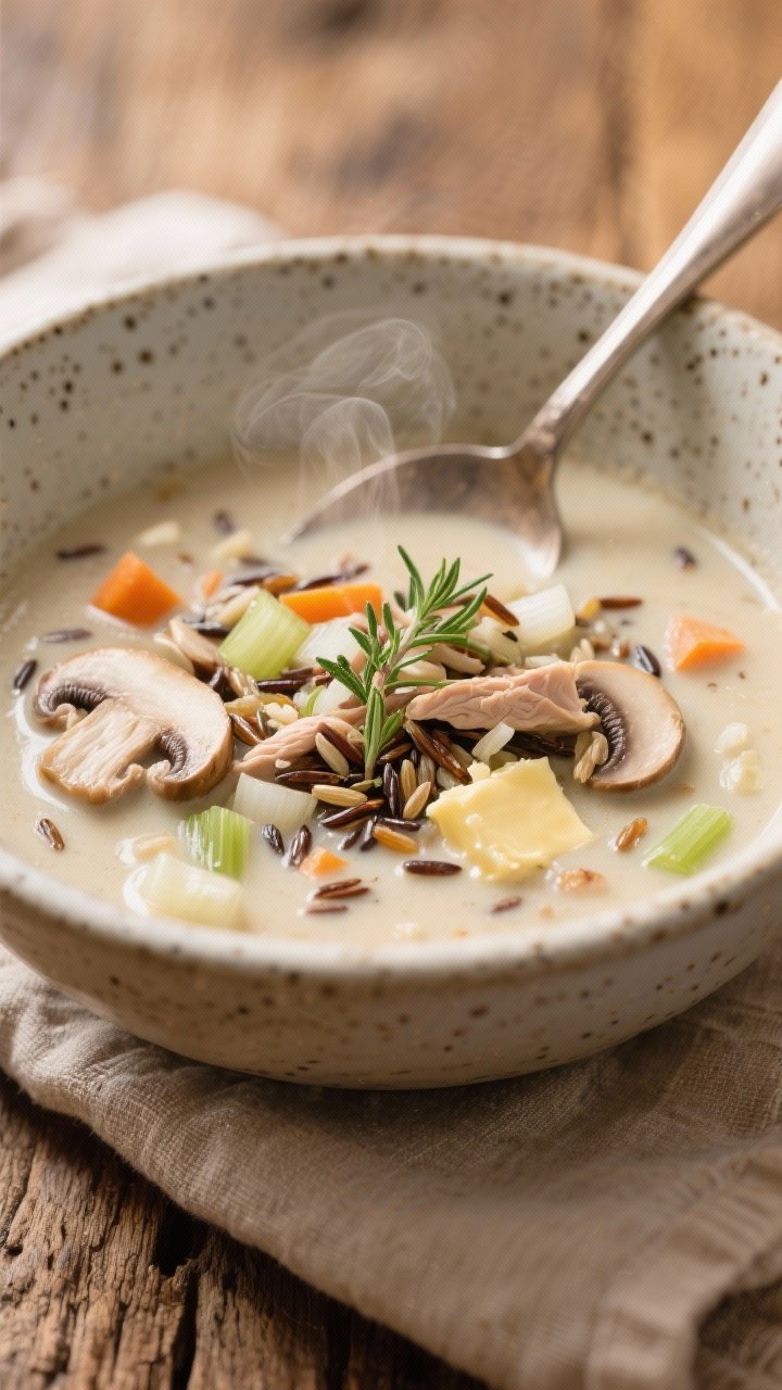 Close-up, cozy bowl shot: Creamy Wild Rice Turkey Soup with Mushrooms and Thyme in a speckled ceramic bowl, emphasizing silky, creamy texture. Visible slices of cremini/baby bella mushrooms, wild rice grains, diced onion, celery, carrots, minced garlic, butter richness, and flecks of fresh thyme leaves. A spoon rests in the bowl with gentle steam; warm neutral linens and a rustic wooden surface convey comfort.